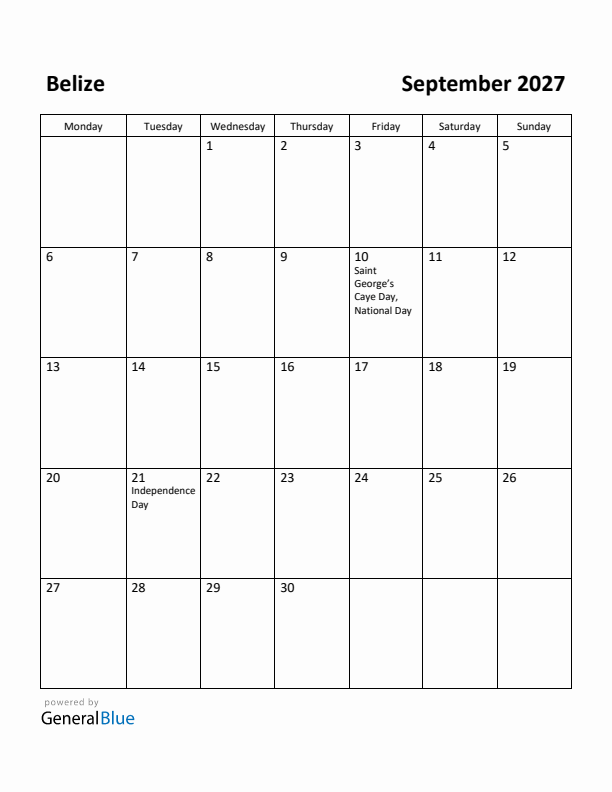 September 2027 Calendar with Belize Holidays