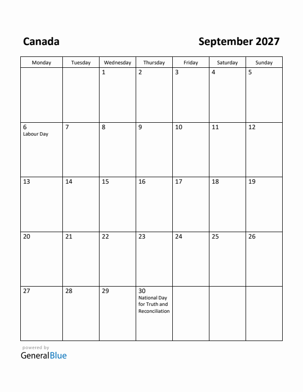 September 2027 Calendar with Canada Holidays