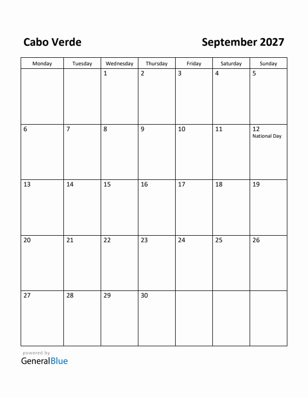 September 2027 Calendar with Cabo Verde Holidays