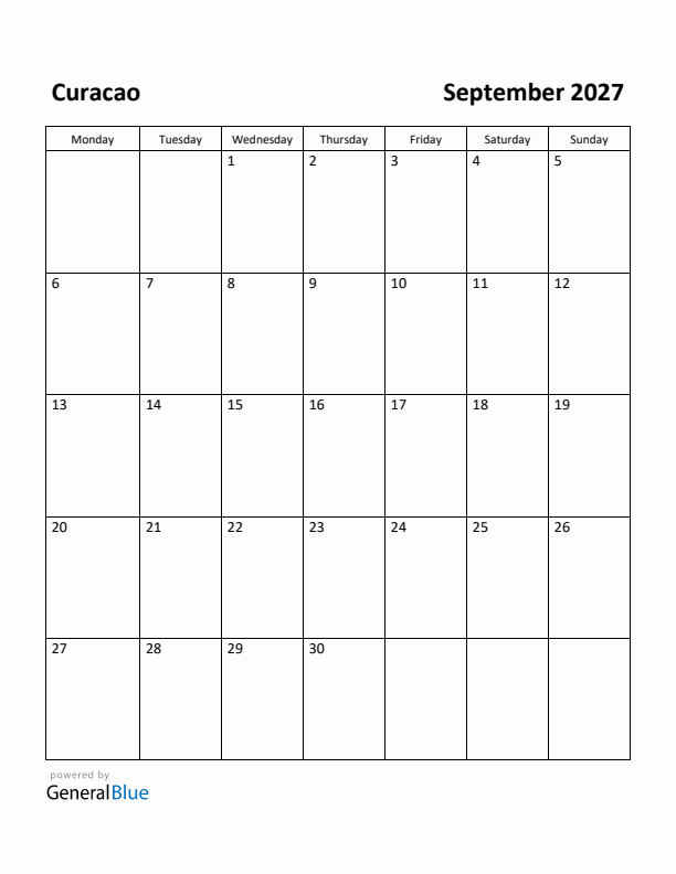 September 2027 Calendar with Curacao Holidays
