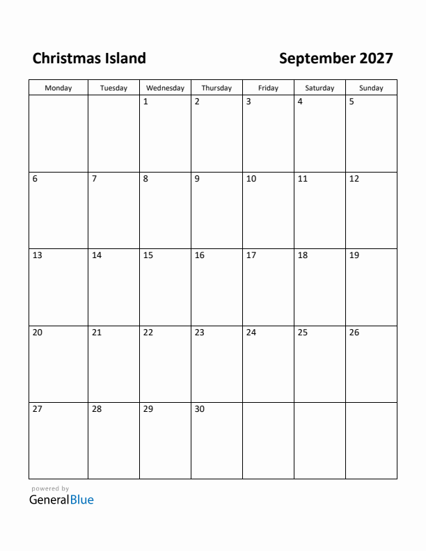 September 2027 Calendar with Christmas Island Holidays
