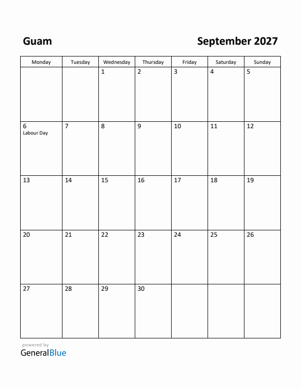September 2027 Calendar with Guam Holidays