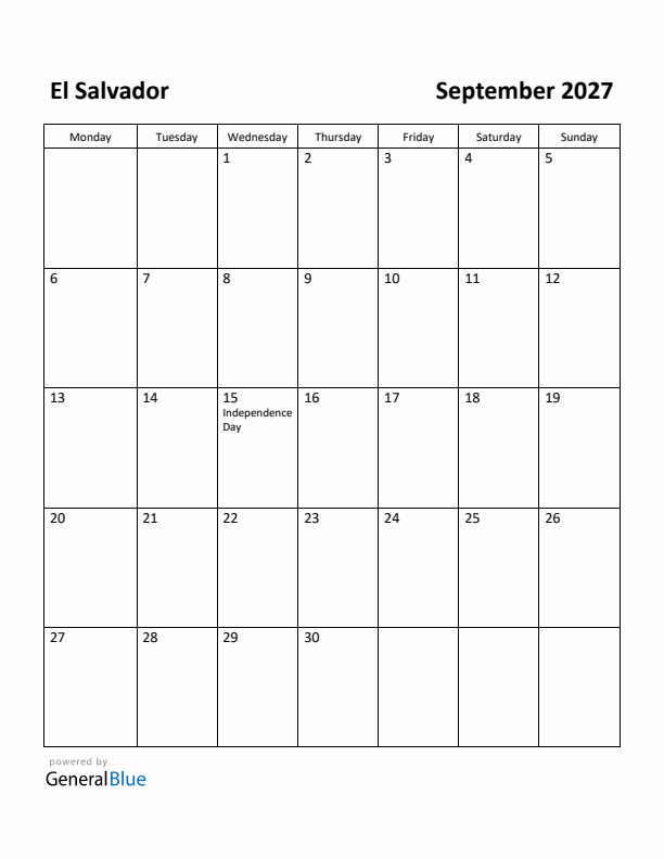September 2027 Calendar with El Salvador Holidays