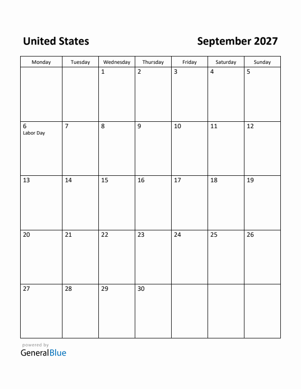 September 2027 Calendar with United States Holidays