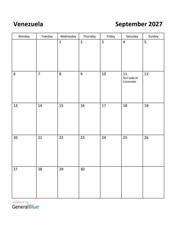 September 2027 Calendar with Venezuela Holidays