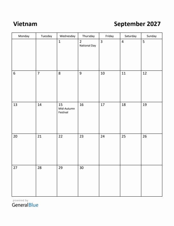 September 2027 Calendar with Vietnam Holidays
