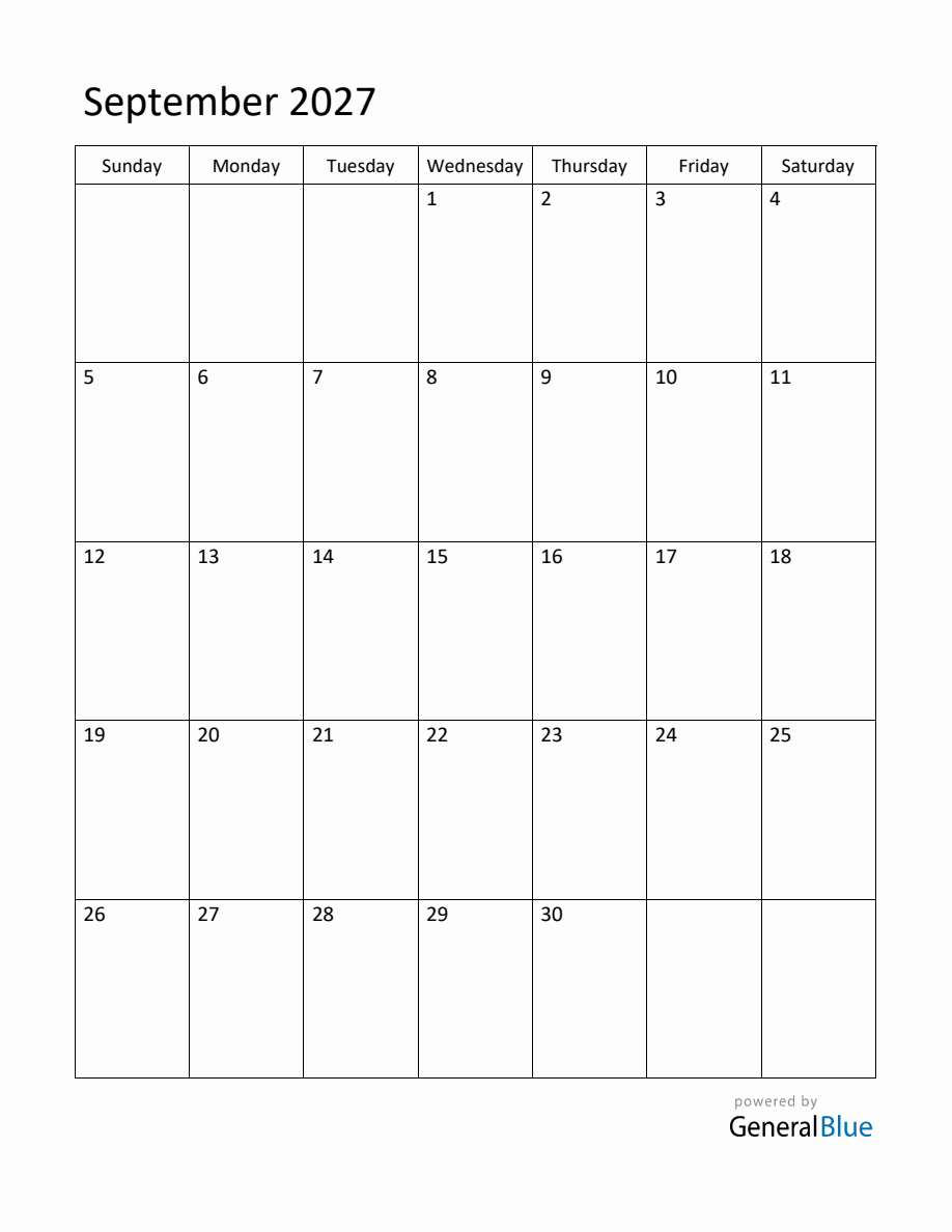 Editable September 2027 Monthly Calendar