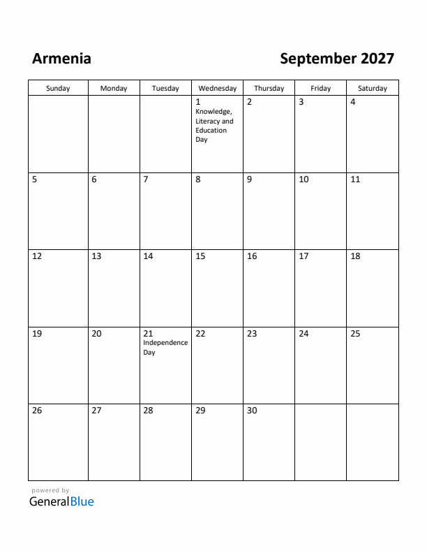 September 2027 Calendar with Armenia Holidays