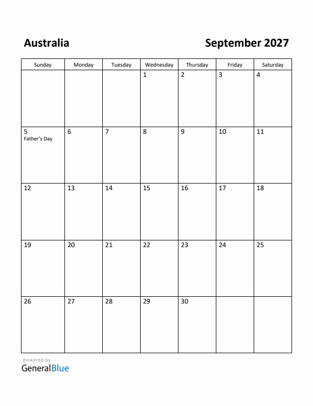 September 2027 Calendar with Australia Holidays