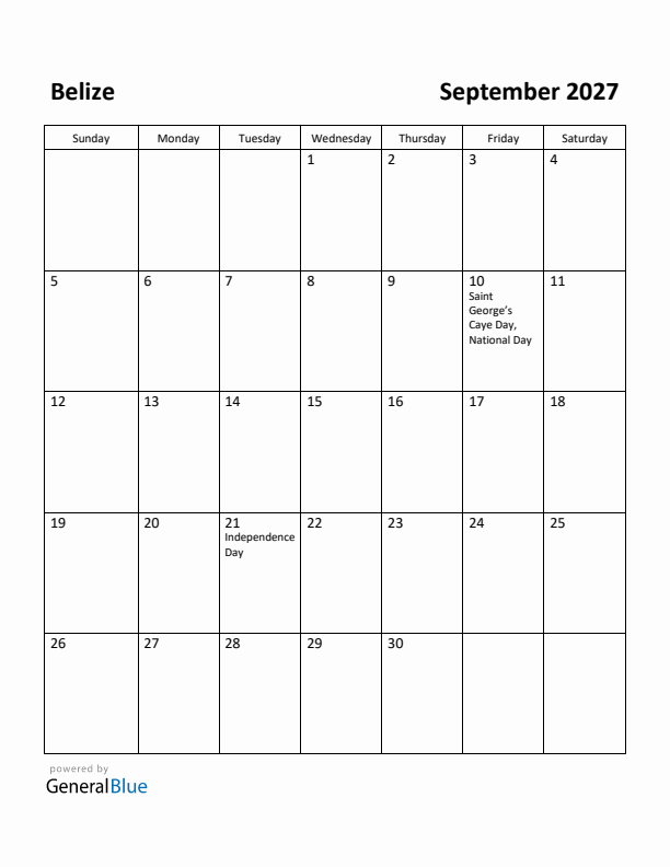 September 2027 Calendar with Belize Holidays