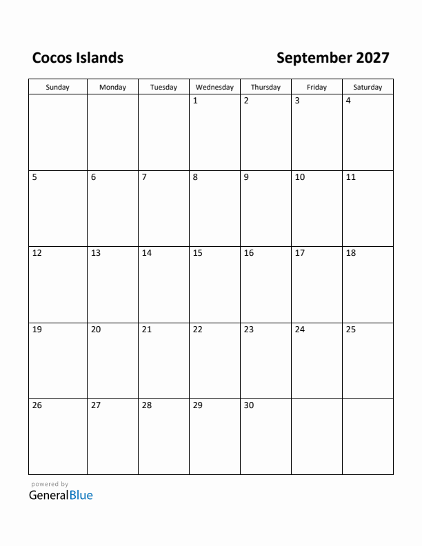 September 2027 Calendar with Cocos Islands Holidays