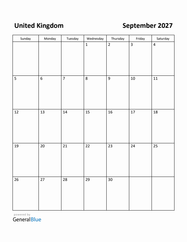 September 2027 Calendar with United Kingdom Holidays
