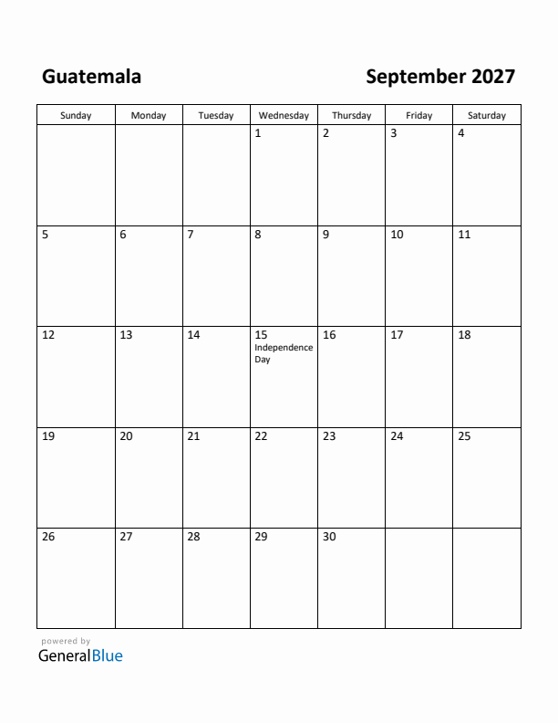 September 2027 Calendar with Guatemala Holidays
