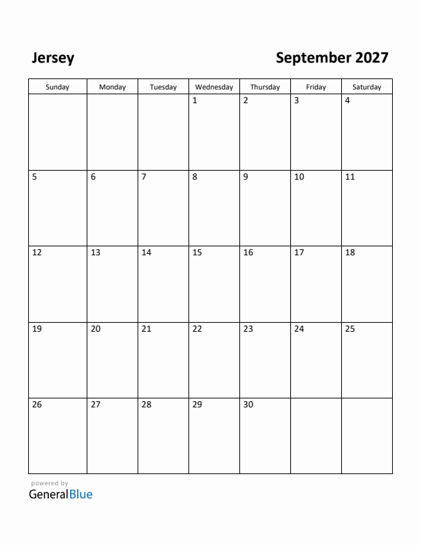September 2027 Calendar with Jersey Holidays