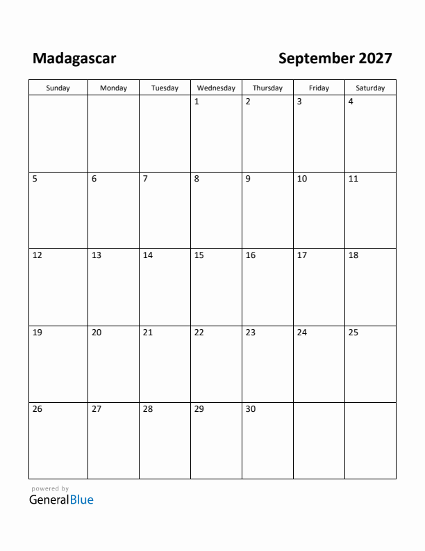 September 2027 Calendar with Madagascar Holidays