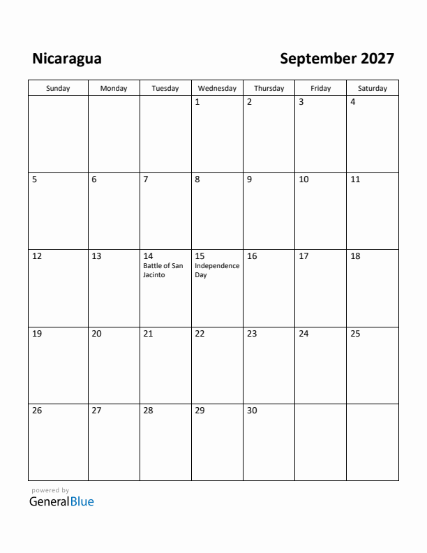 September 2027 Calendar with Nicaragua Holidays