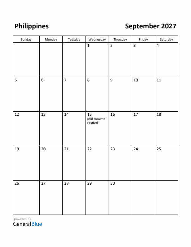 September 2027 Calendar with Philippines Holidays