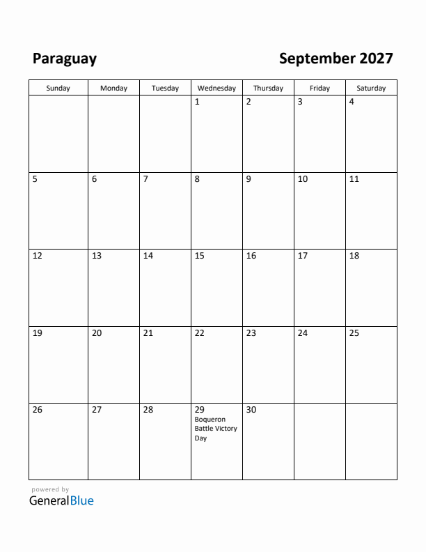 September 2027 Calendar with Paraguay Holidays