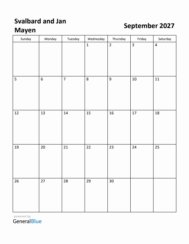 September 2027 Calendar with Svalbard and Jan Mayen Holidays