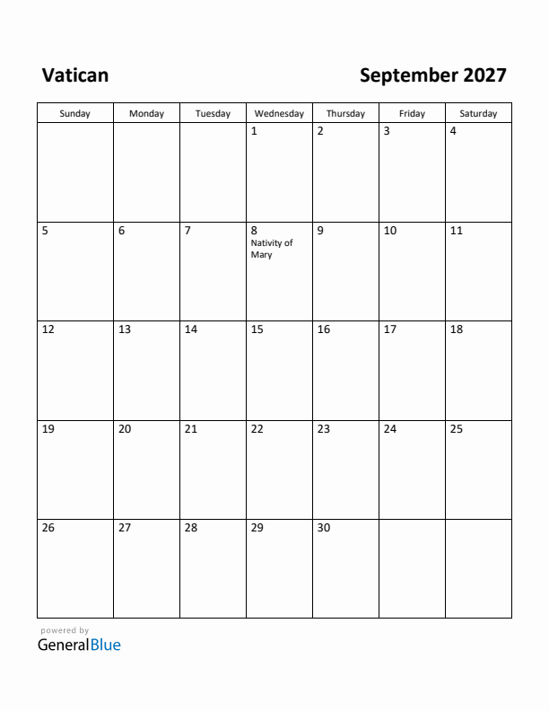 September 2027 Calendar with Vatican Holidays