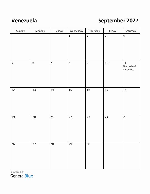 September 2027 Calendar with Venezuela Holidays