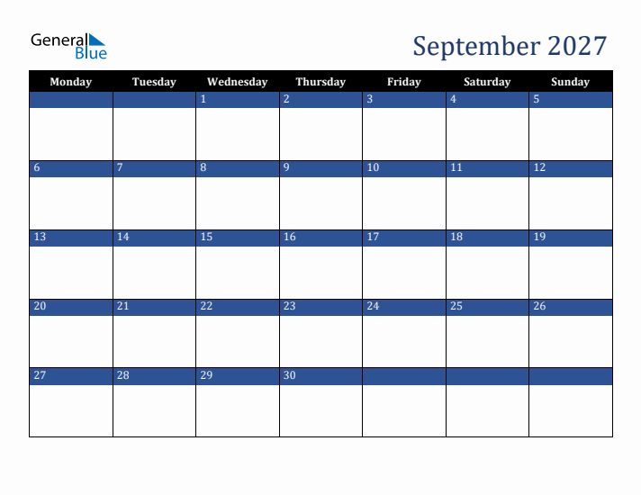 Monday Start Calendar for September 2027