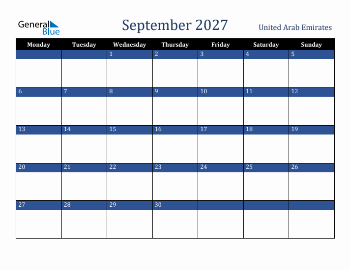September 2027 United Arab Emirates Calendar (Monday Start)
