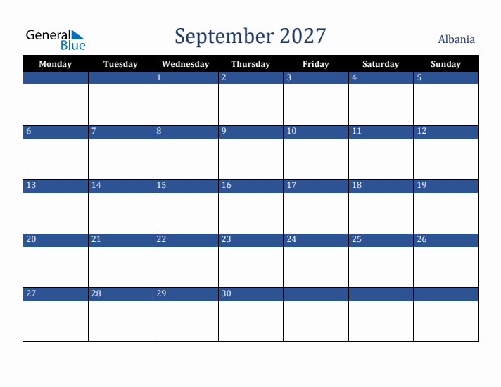September 2027 Albania Calendar (Monday Start)