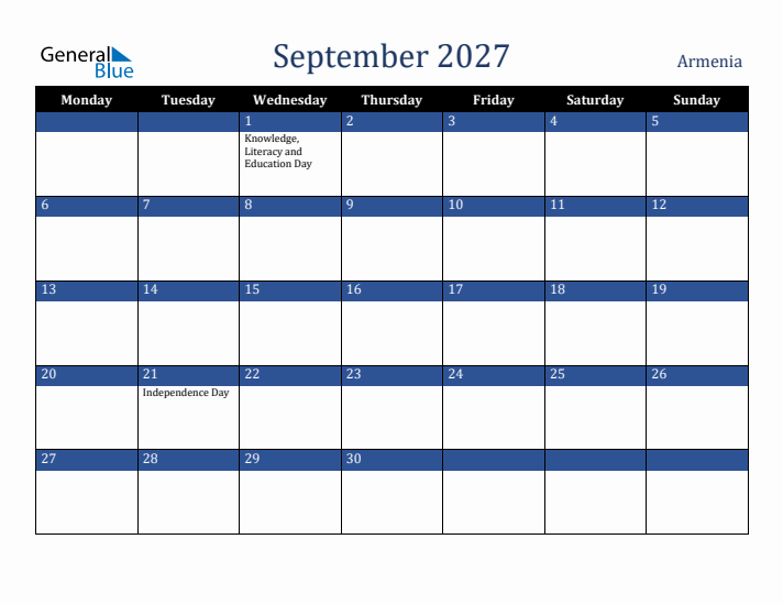 September 2027 Armenia Calendar (Monday Start)