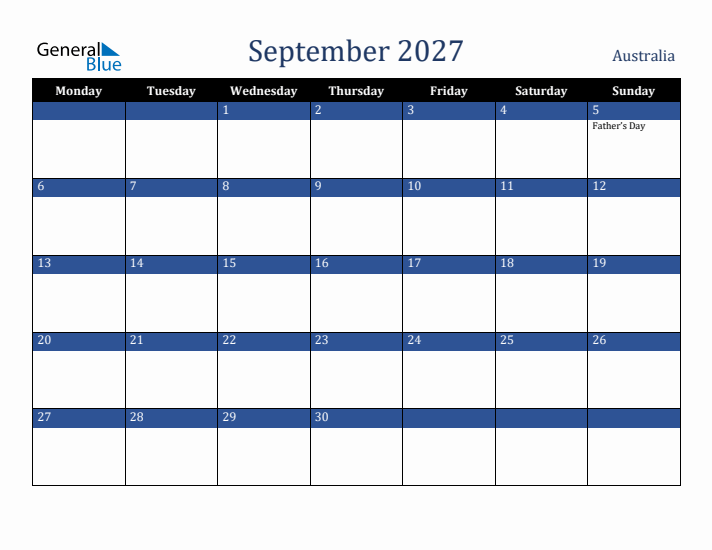 September 2027 Australia Calendar (Monday Start)