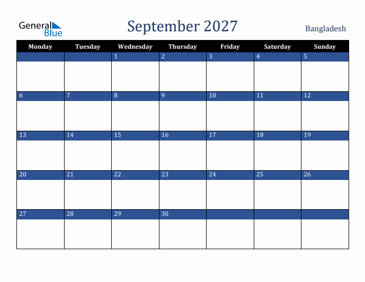 September 2027 Bangladesh Calendar (Monday Start)