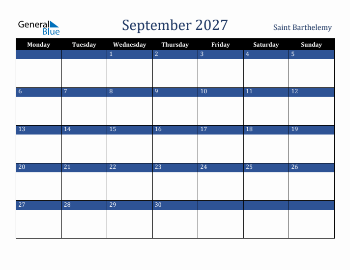 September 2027 Saint Barthelemy Calendar (Monday Start)