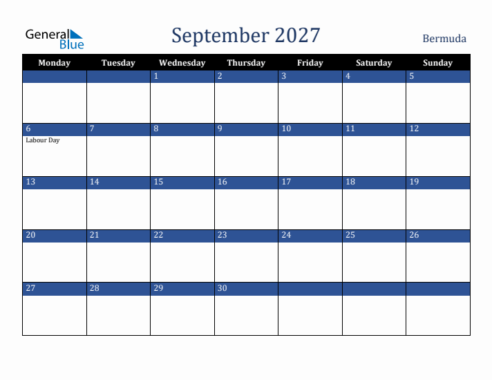 September 2027 Bermuda Calendar (Monday Start)