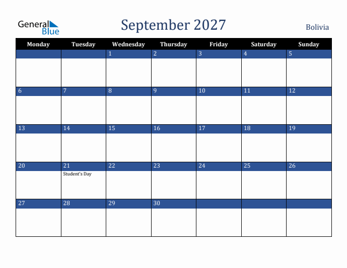 September 2027 Bolivia Calendar (Monday Start)