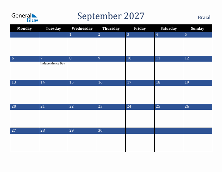 September 2027 Brazil Calendar (Monday Start)