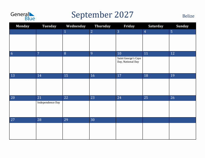 September 2027 Belize Calendar (Monday Start)