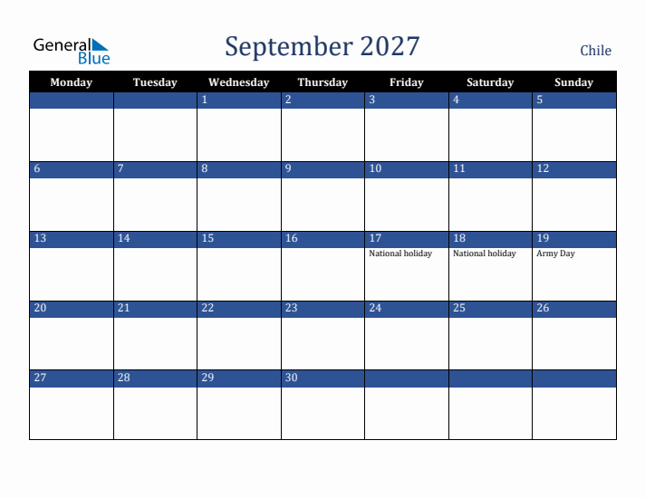 September 2027 Chile Calendar (Monday Start)