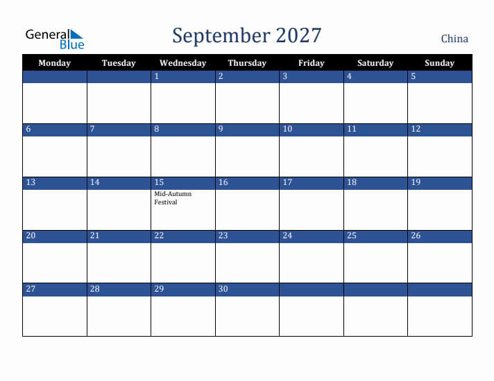 September 2027 China Calendar (Monday Start)
