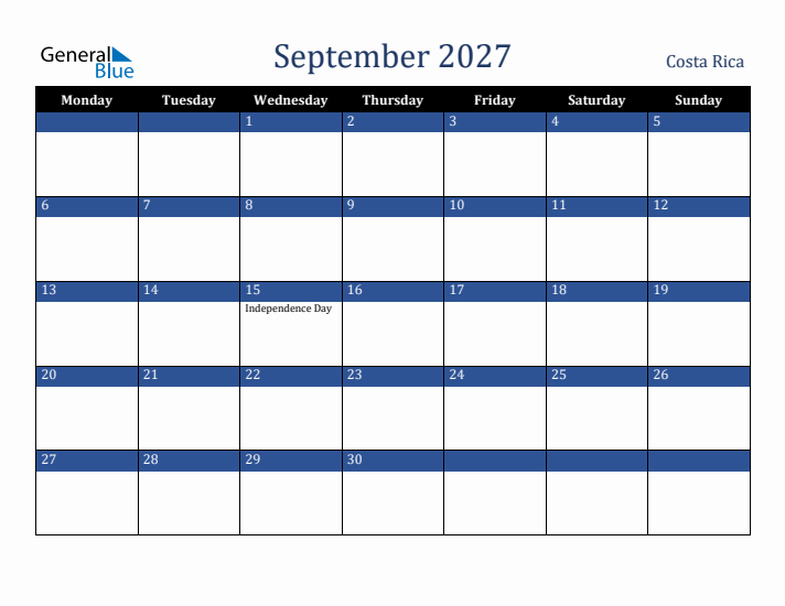 September 2027 Costa Rica Calendar (Monday Start)