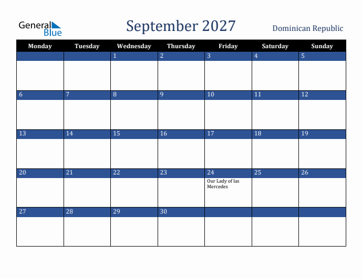 September 2027 Dominican Republic Calendar (Monday Start)