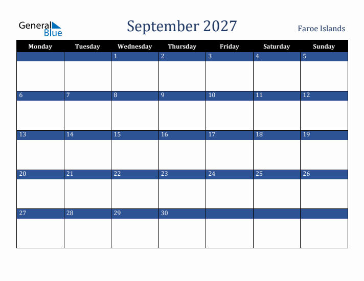 September 2027 Faroe Islands Calendar (Monday Start)