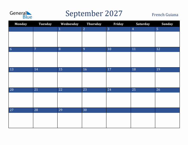 September 2027 French Guiana Calendar (Monday Start)