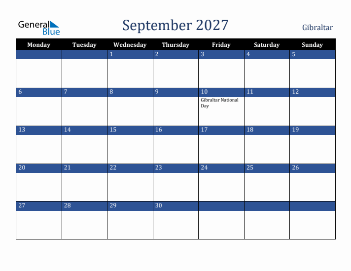 September 2027 Gibraltar Calendar (Monday Start)