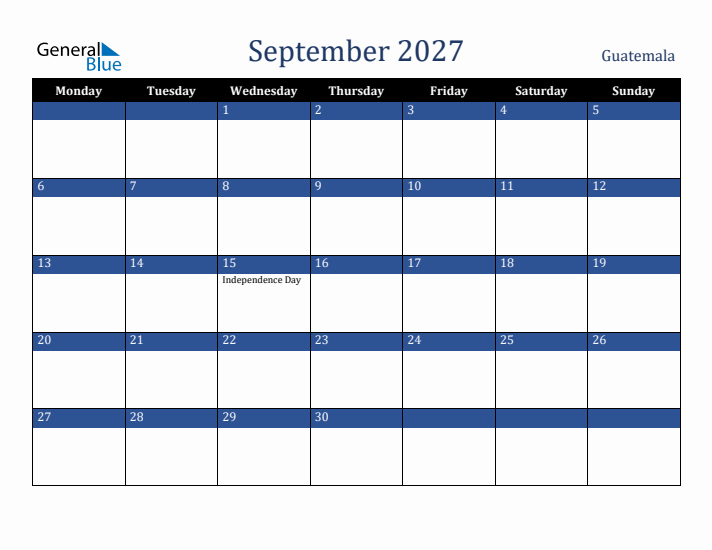 September 2027 Guatemala Calendar (Monday Start)