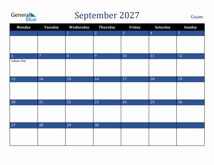 September 2027 Guam Calendar (Monday Start)