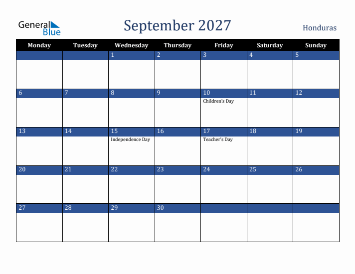 September 2027 Honduras Calendar (Monday Start)