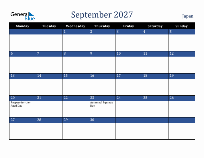 September 2027 Japan Calendar (Monday Start)