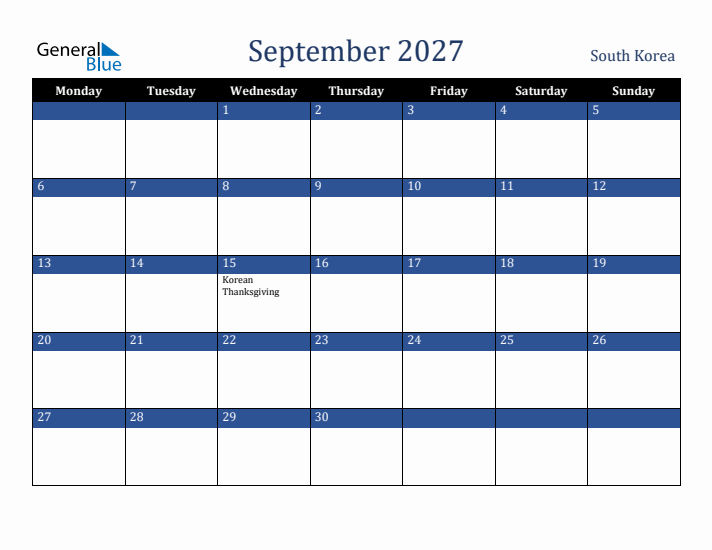 September 2027 South Korea Calendar (Monday Start)