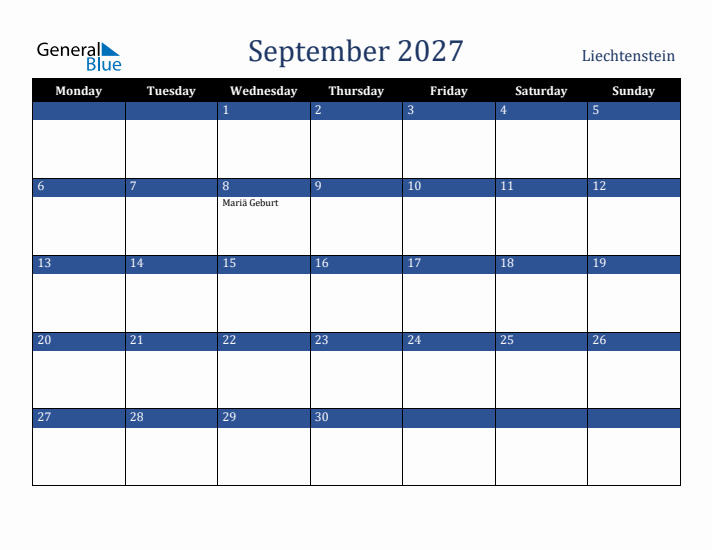 September 2027 Liechtenstein Calendar (Monday Start)