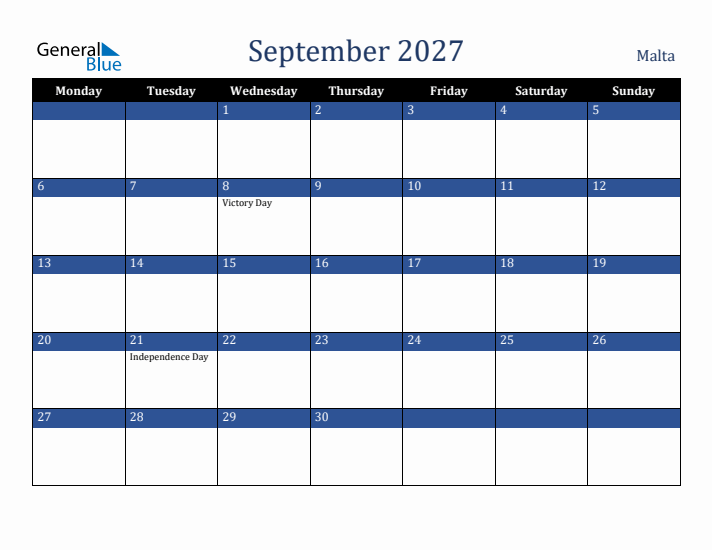 September 2027 Malta Calendar (Monday Start)